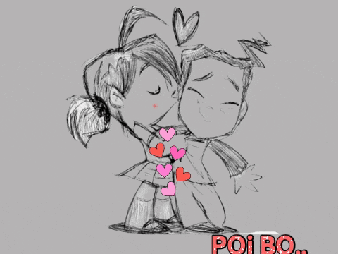 a black and white drawing of a boy and a girl kissing with the words poi bo on the bottom