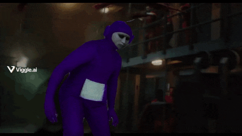 a person in a purple teletubbies costume with a viggle.ai logo in the corner