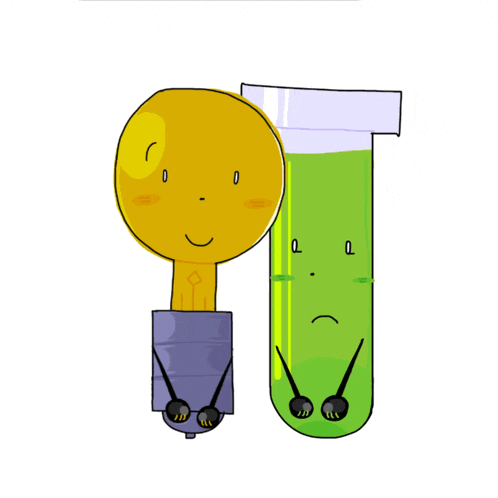 a drawing of a light bulb and a test tube with faces