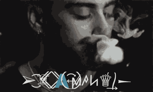 a man is smoking a cigarette with a crown on his head