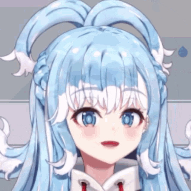 a close up of a blue haired anime character
