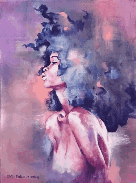 a motion by rexinsky painting of a woman with purple hair