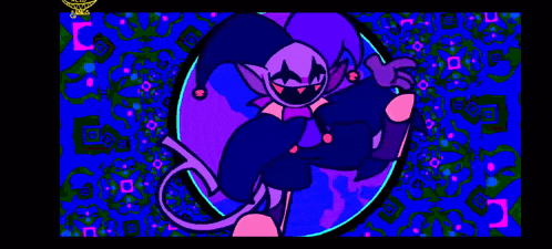a cartoon character is standing in front of a purple and green circle .