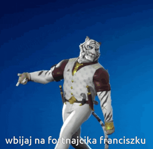 a picture of a white tiger with the words wbijaj na fortnajcika franciszeku