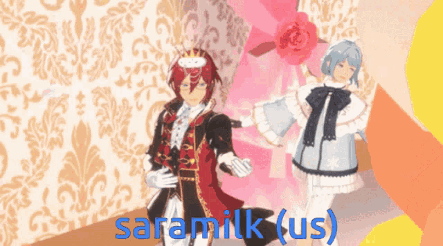 a couple of anime characters standing next to each other with the words saramilk ( us ) written on the bottom