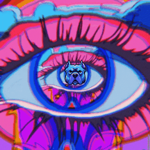 a drawing of a dog looking through a woman 's eye with a colorful background