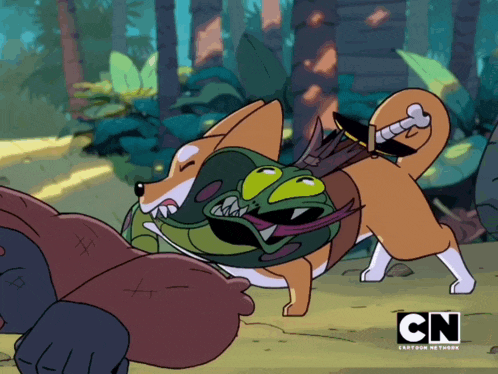 a cartoon of a dog with a frog on its back and cn written on the bottom