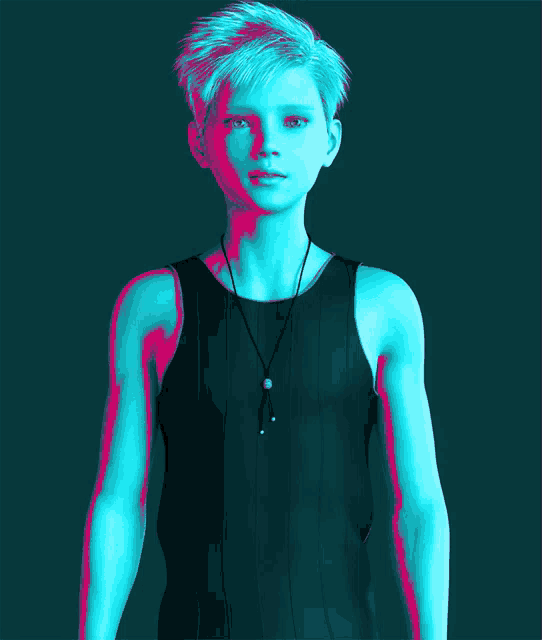 a boy in a black tank top with a necklace