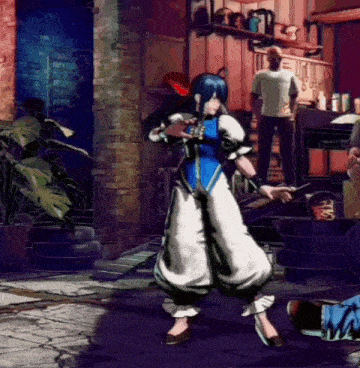 a woman in a blue top and white pants is in a video game scene