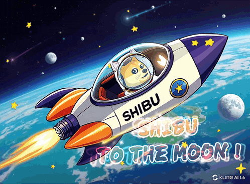 a dog in a space suit is on a rocket with the words shibu to the moon below it