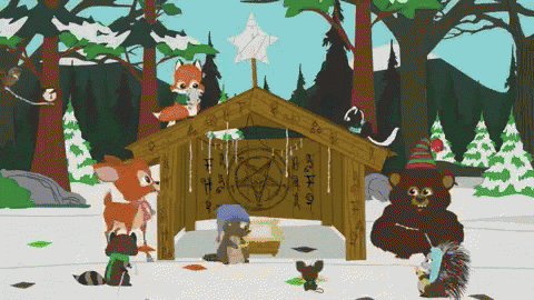 a cartoon of a nativity scene with animals including a bear and a fox