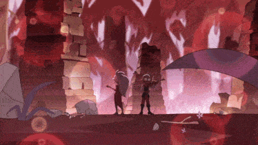 a cartoon of a man and a woman standing in a cave