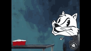 a cartoon cat is standing in front of a table with two red cups on it .