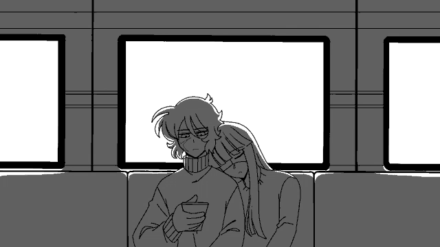 a black and white drawing of two people on a train