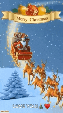 santa claus is flying in a sleigh with reindeer .