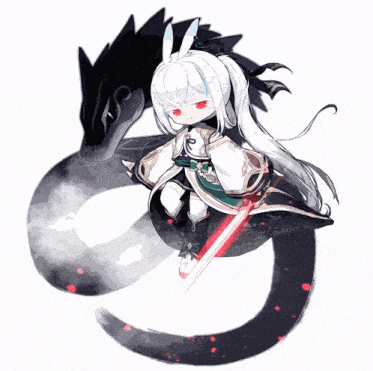 a girl with white hair and red eyes is holding a sword