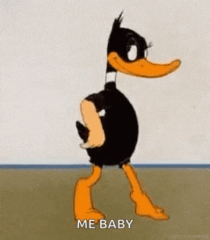 a cartoon duck is standing next to a wall wearing a black dress .
