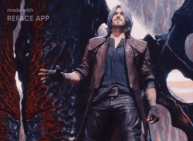 a man in a leather coat is holding a fire sword made with the reface app