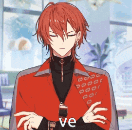 a man with red hair is wearing a red jacket and a black turtleneck and sunglasses .