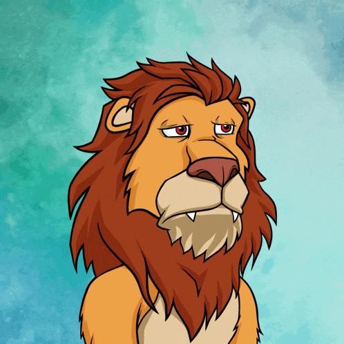 a cartoon drawing of a lion with a beard and red eyes