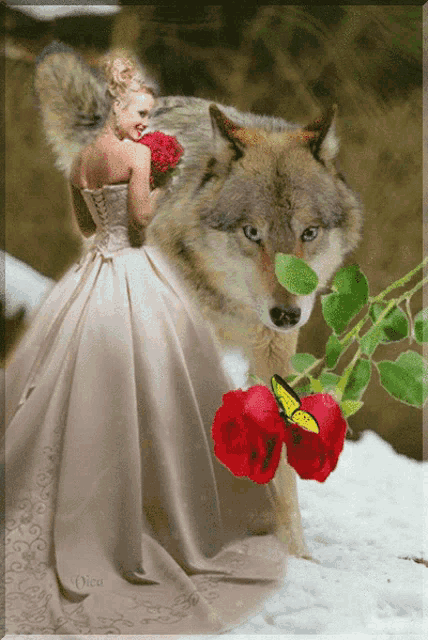 a woman in a wedding dress is standing next to a wolf and roses