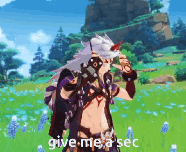 a cartoon character is standing in a field with the words give me a sec .