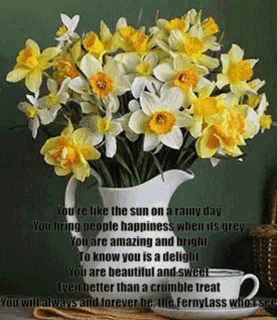 a bouquet of yellow and white flowers in a vase with a poem written on it .