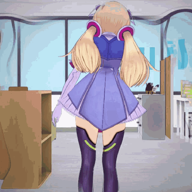 a girl with blonde hair is wearing a purple dress