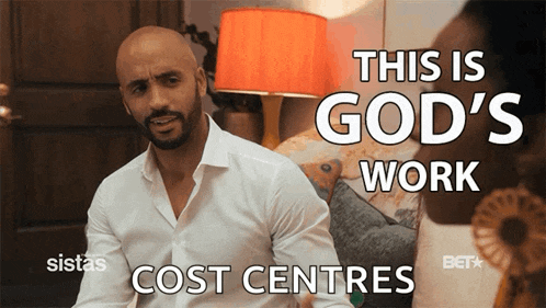 a man sitting on a couch with the words " this is god 's work cost centres " above him
