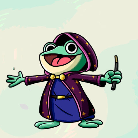 a frog in a wizard costume is holding a wand and a ball