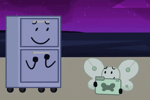 a cartoon of a butterfly holding a folder next to a fridge