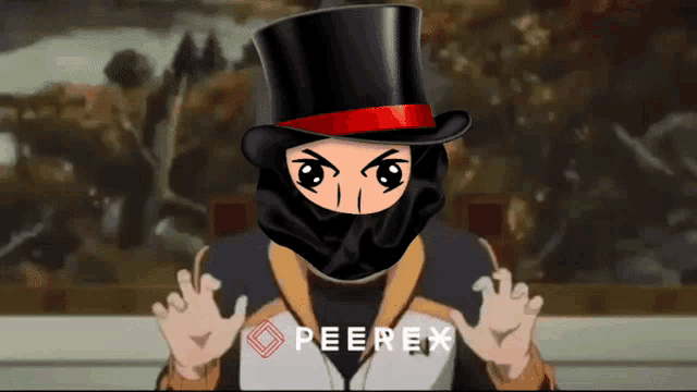 a cartoon of a man wearing a top hat and a mask with the word peerex below him
