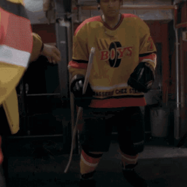 a hockey player wearing a yellow boys jersey