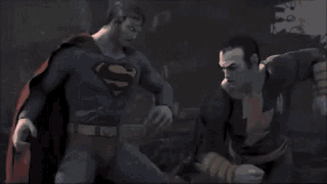 a man in a superman costume is standing next to another man with a red light coming from his eyes .