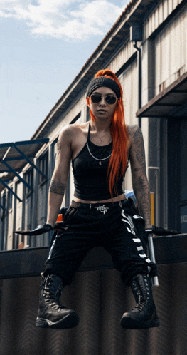 a woman with red hair is wearing sunglasses and a headband that says ' swag '