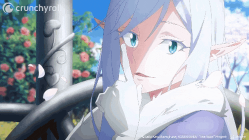 a crunchyroll advertisement with a girl with white hair and blue eyes