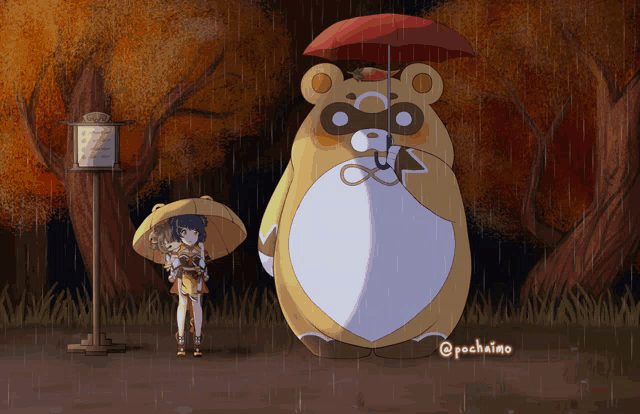 a drawing of a girl holding an umbrella standing next to a teddy bear with an umbrella