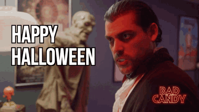 a man in a costume says happy halloween