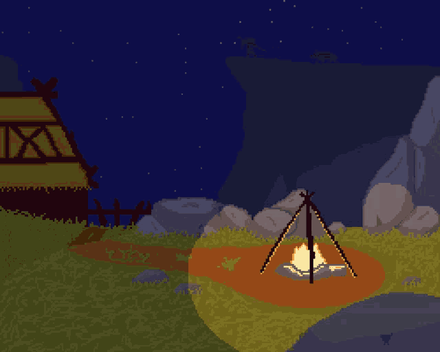 a pixel art drawing of a campfire and a hut with the letter x on it