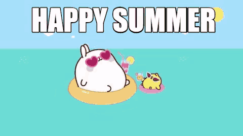 a cartoon of a rabbit and a chicken floating on a raft in the ocean with the words `` happy summer '' .