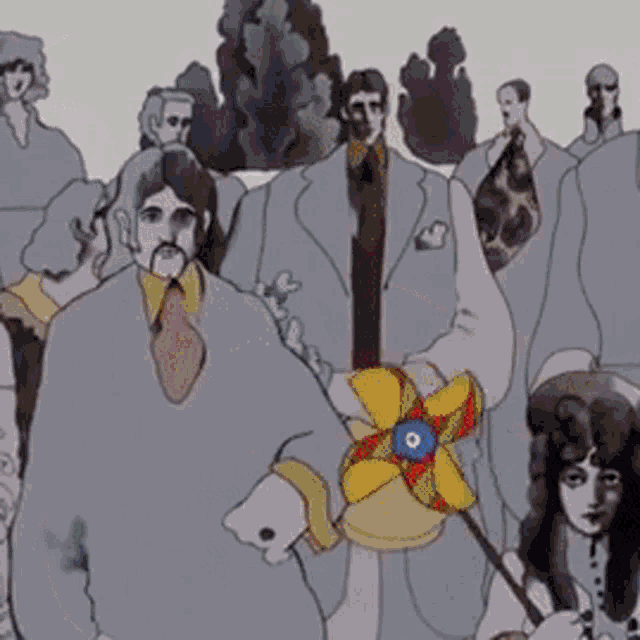 a drawing of a man holding a flower in front of a crowd