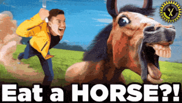 a man is running away from a horse with the words eat a horse