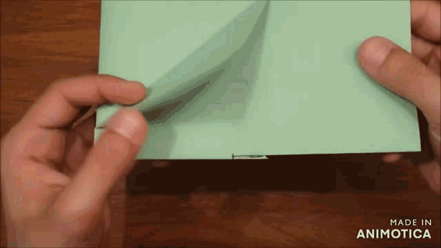 a person is holding a piece of green paper with the words made in animotica below it