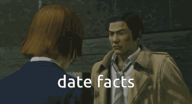 a man and a woman are standing next to each other with the words date facts written on the bottom