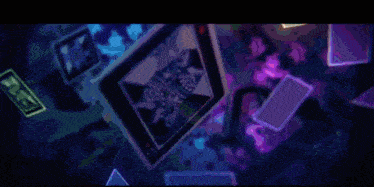 a bunch of playing cards are floating in the air in a dark room