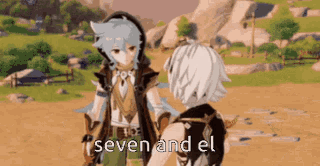 two anime characters are standing next to each other in a field and the words seven and el are written on the screen .