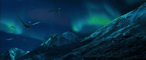 a painting of the northern lights over a snowy mountain