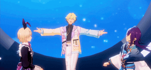 three anime characters are standing in a circle with their arms outstretched in front of a blue sky