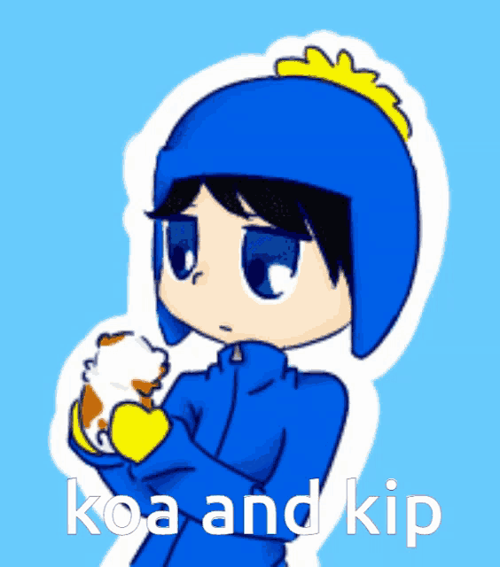 a cartoon of a boy holding a guinea pig with the words koa and kip written below him