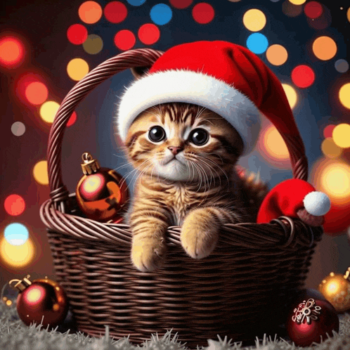 a kitten wearing a santa hat sits in a basket with christmas decorations